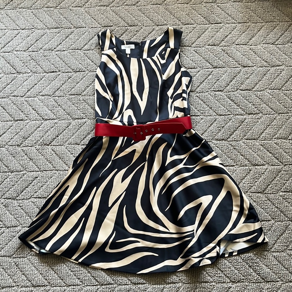 Tiger print cocktail dress with red belt. Worn once! Like new!